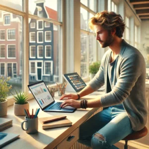 DALL·E 2025-04-06 20.14.20 - A high-resolution image of a typical Dutch freelancer, such as a creative professional or small business owner, working on a laptop in a bright, moder DALL·E 2025-04-06 20.14.20 - A high-resolution image of a typical Dutch freelancer, such as a creative professional or small business owner, working on a laptop in a bright, moder